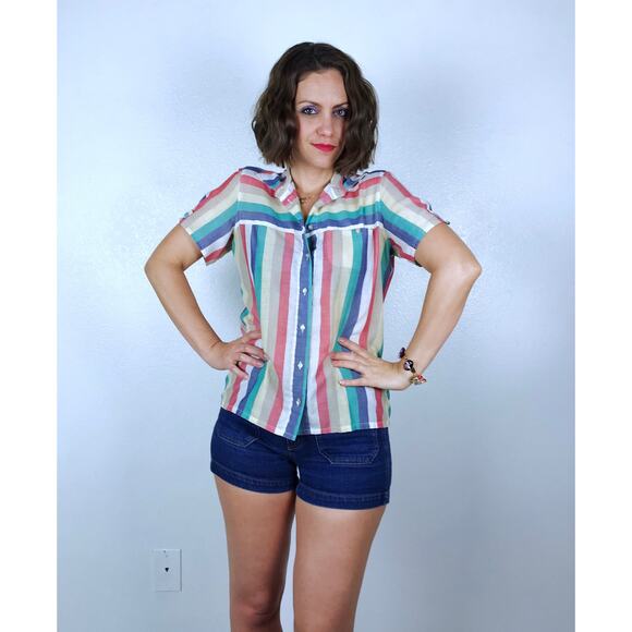 vintage 80s COLORFUL STRIPED Paper Thin BLOUSE soft Large button down shirt top - Picture 2 of 10